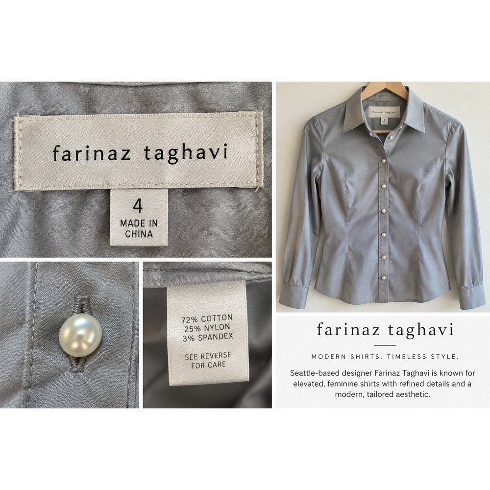 Farinaz Taghavi Womens 4 Silver Gray Pearl Button Stretch Designer Blouse